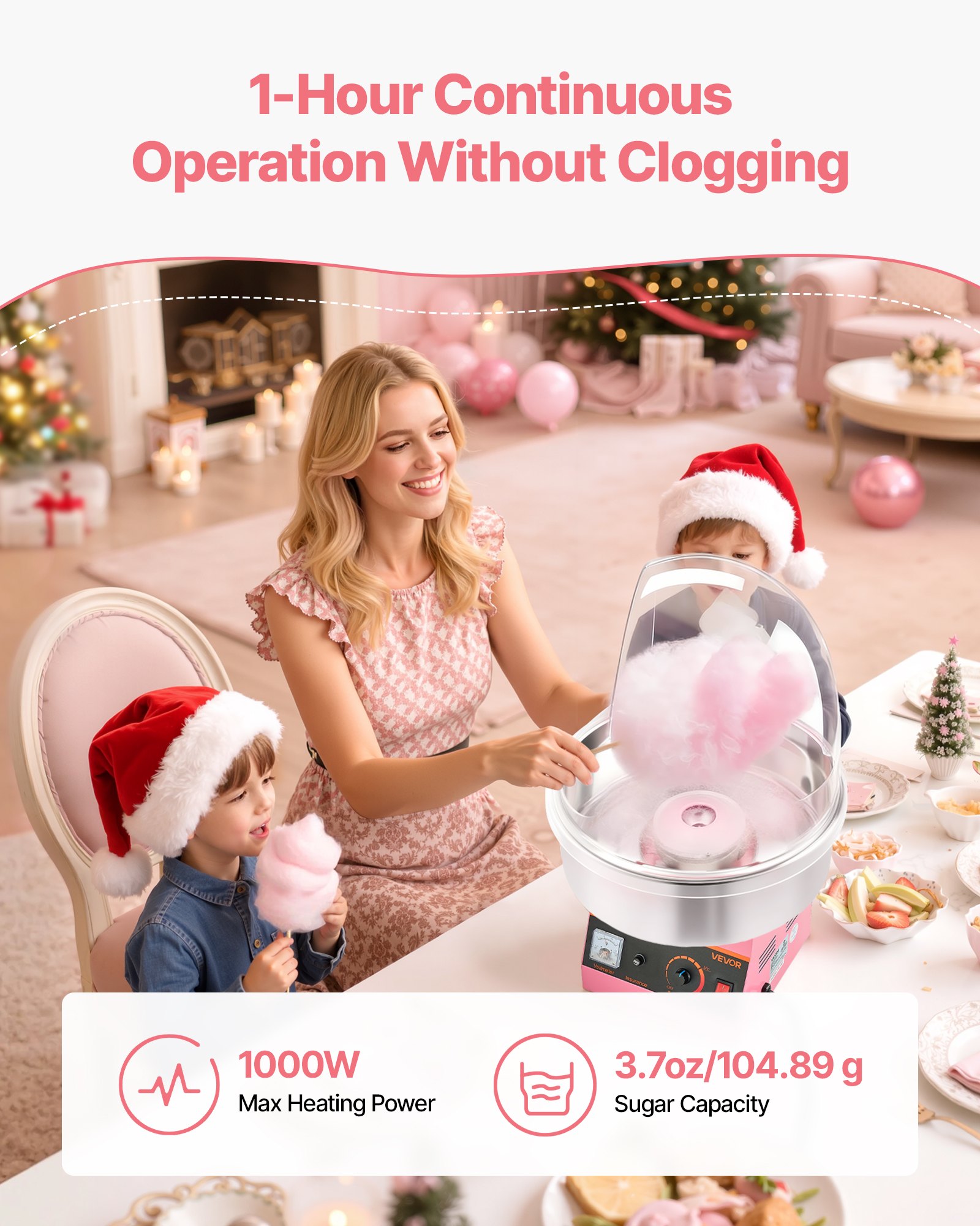 VEVOR Elektrische Zuckerwattemaschine 1000 W, Zuckerwattenmacher mit Abdeckung & Edelstahlschüssel & Zuckerlöffel, Ideal für Karneval Geburtstage Familienfeiern, Zuckerwattegerät Rosa