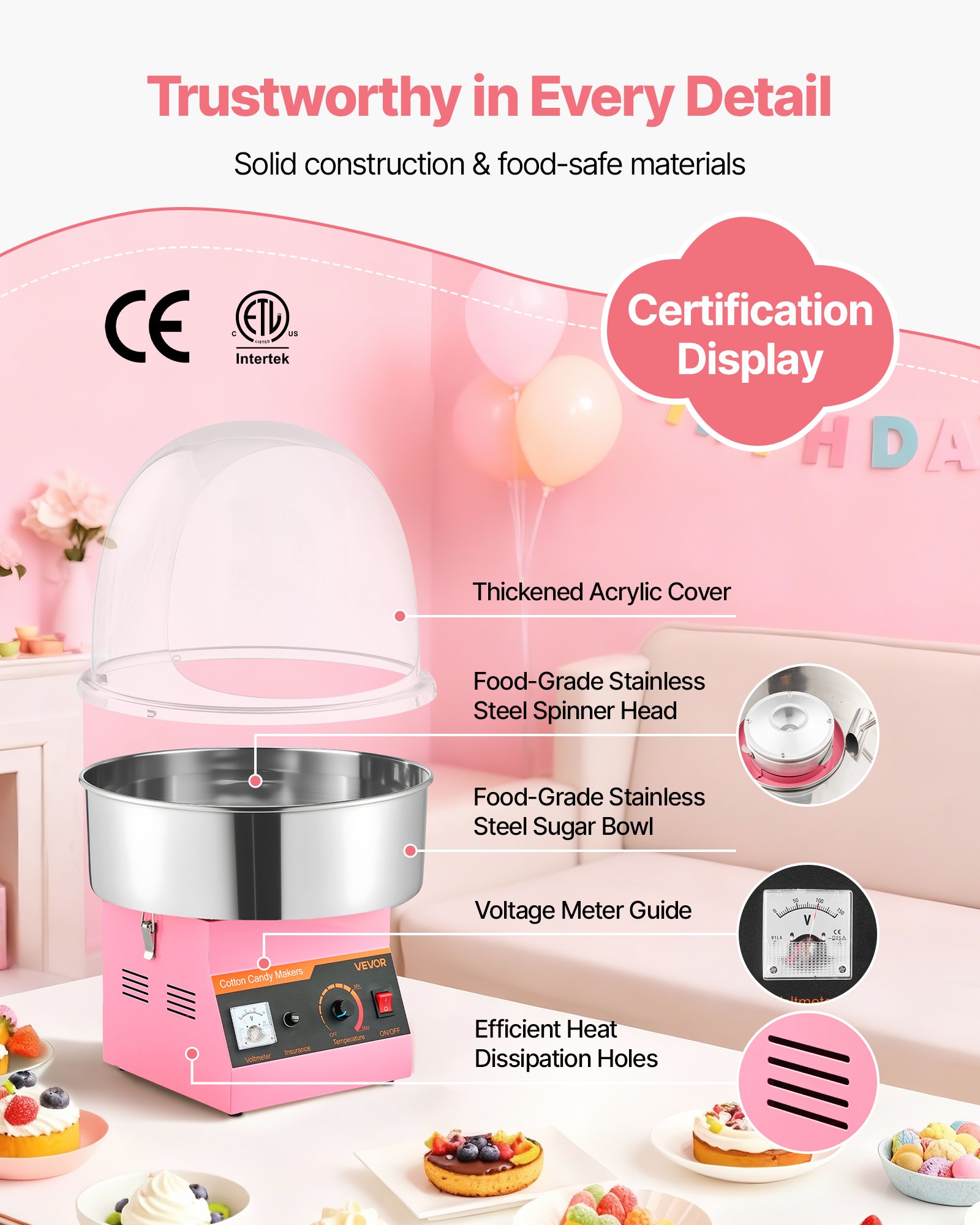 VEVOR Elektrische Zuckerwattemaschine 1000 W, Zuckerwattenmacher mit Abdeckung & Edelstahlschüssel & Zuckerlöffel, Ideal für Karneval Geburtstage Familienfeiern, Zuckerwattegerät Rosa