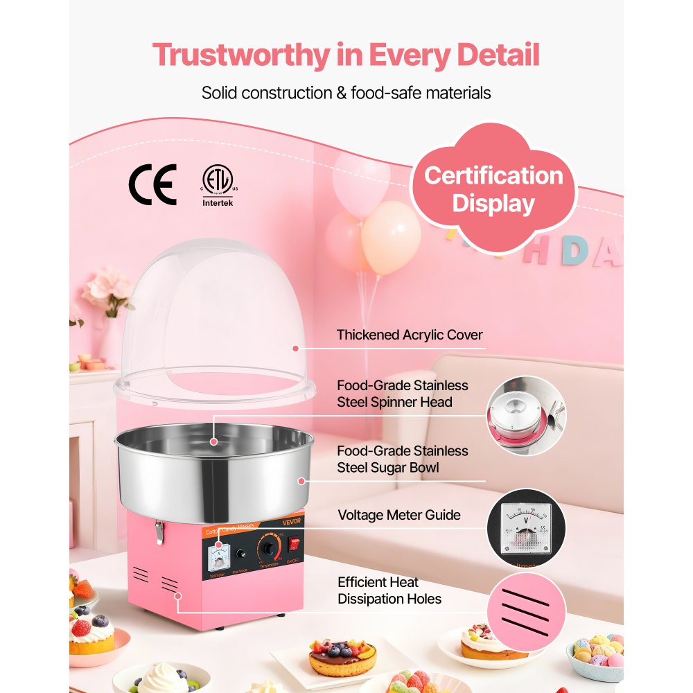 VEVOR Elektrische Zuckerwattemaschine 1000 W, Zuckerwattenmacher mit Deckel & Edelstahlschüssel & Zuckerlöffel, Ideal für Karneval Geburtstage Familienfeiern, Professionelles Zuckerwattegerät Rosa