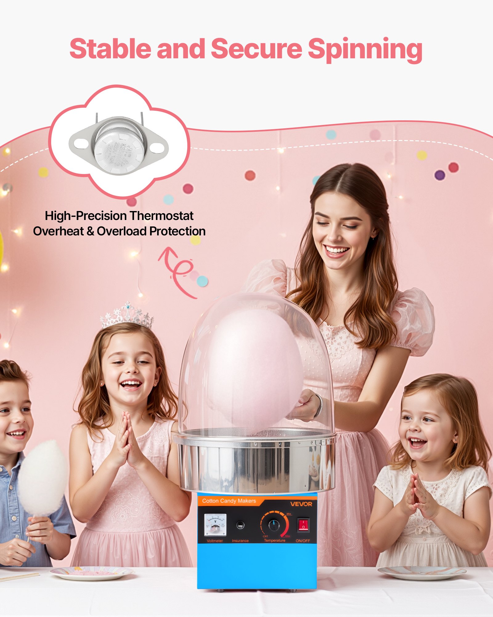 VEVOR Elektrische Zuckerwattemaschine 1000 W, Zuckerwattenmacher mit Deckel & Edelstahlschüssel & Zuckerlöffel, Ideal für Karneval Geburtstage Familienfeiern, Professionelles Zuckerwattegerät Blau