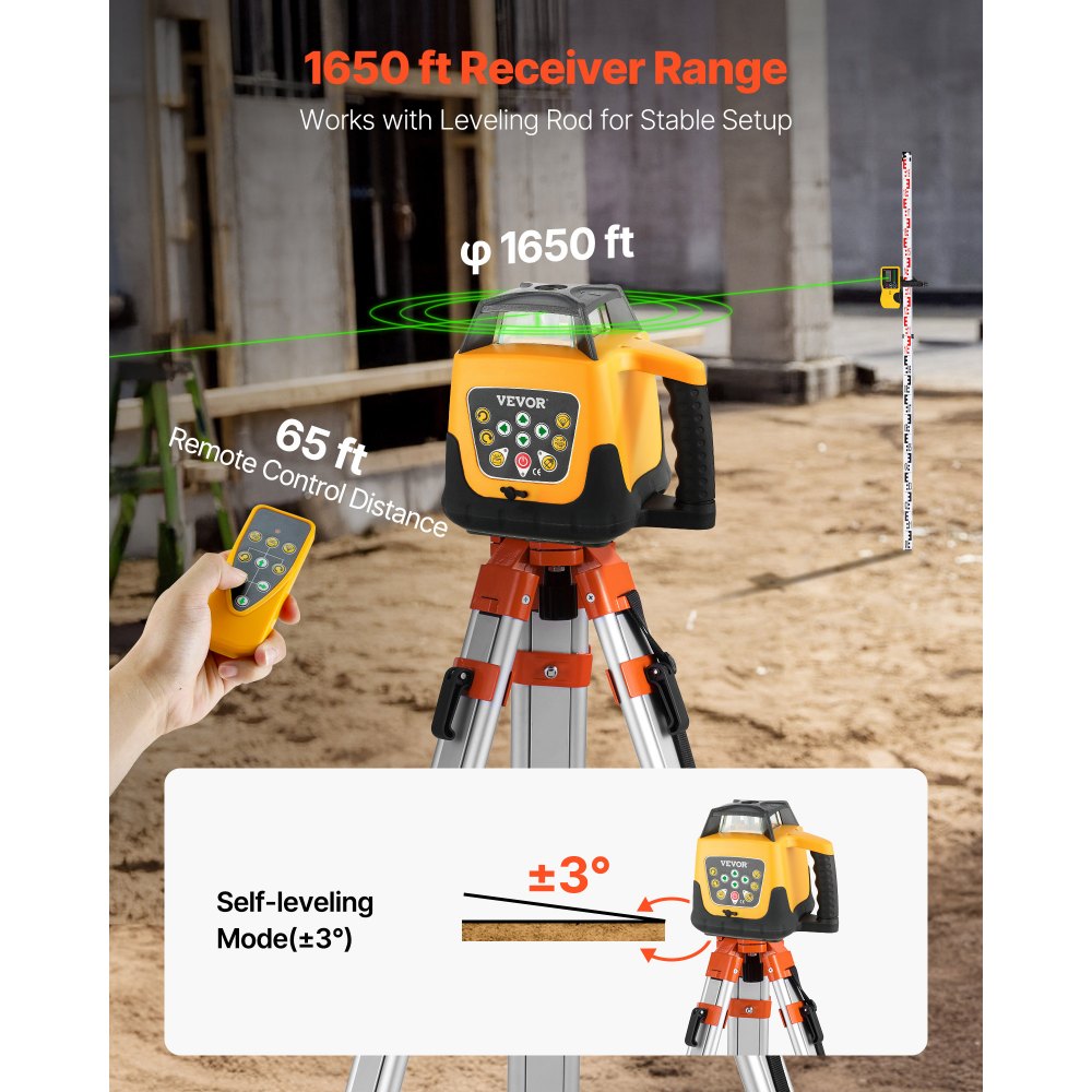VEVOR Rotationslaser-Nivellierset mit Stativ & Messlatte, Grünem Laserstrahl, 500 m Reichweite, einstellbarer Neigung, 360° Drehbar, Flexiblem Scanwinkel, inkl. Fernbedienung & Tragetasche