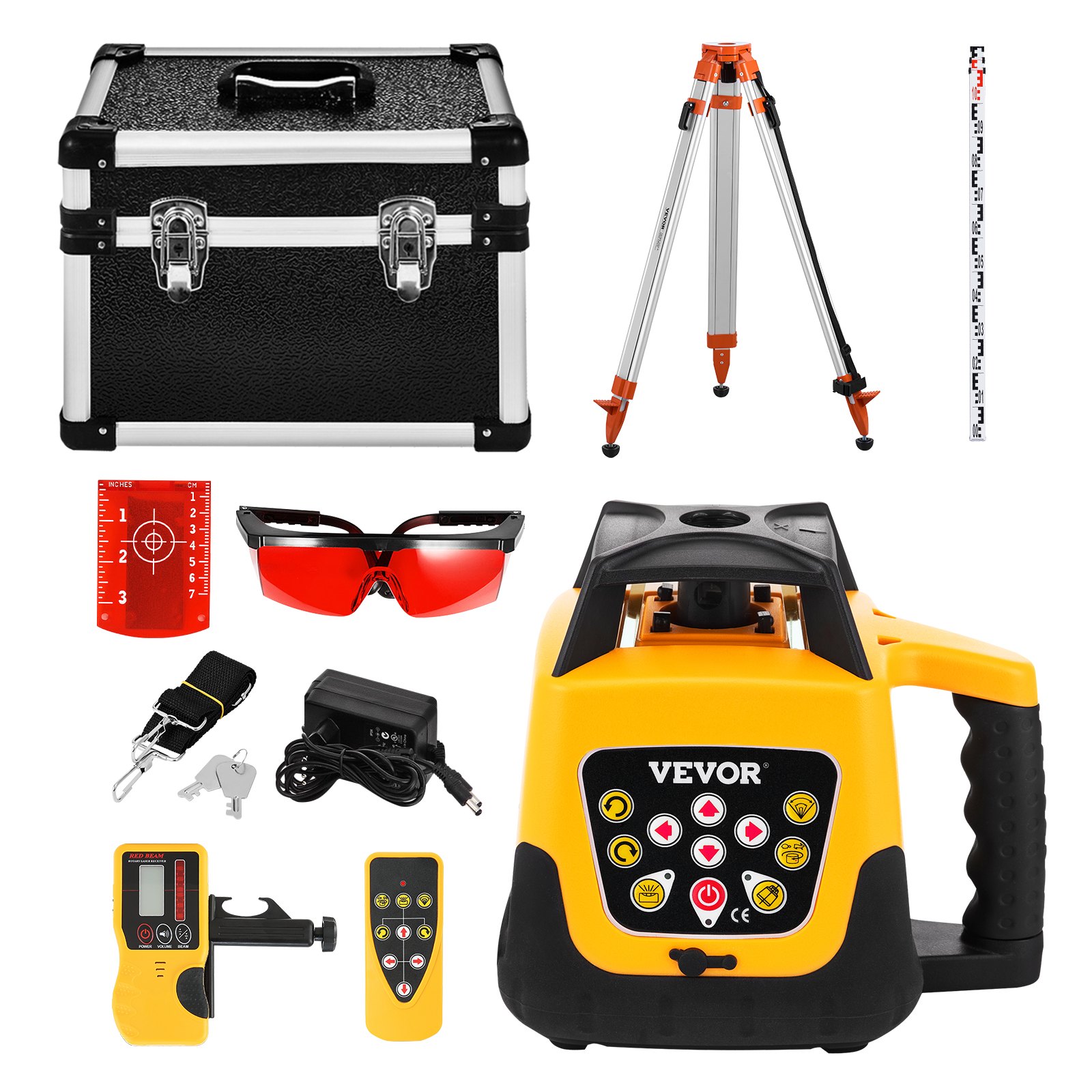 VEVOR Rotationslaser-Nivelliergerät-Set mit Stativ & Messlatte, rotem Laserstrahl, 300 m Reichweite, Neigung einstellbar, 360° drehbar, flexibler Scanwinkel, inkl. Fernbedienung & Tragetasche