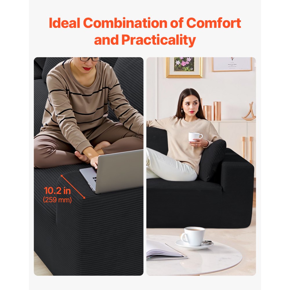 VEVOR Modular Sofa L-shaped Corner Sofa Bed with High-Resilience Foam & High Density, Upholstered Corduroy Sofa (545 kg Load Capacity / 265 cm Long) with Cushions for Living Room Apartment Black