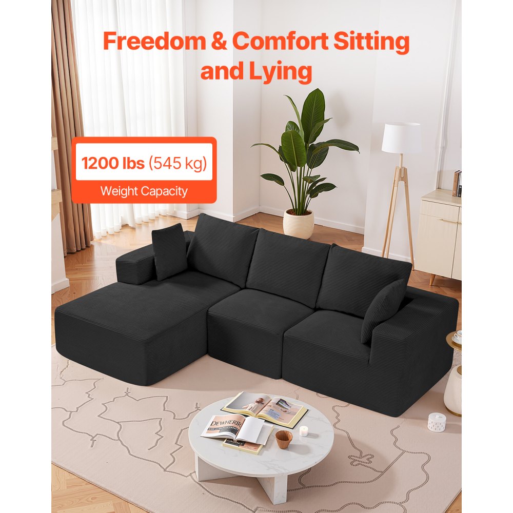 VEVOR Modular Sofa L-shaped Corner Sofa Bed with High-Resilience Foam & High Density, Upholstered Corduroy Sofa (545 kg Load Capacity / 265 cm Long) with Cushions for Living Room Apartment Black