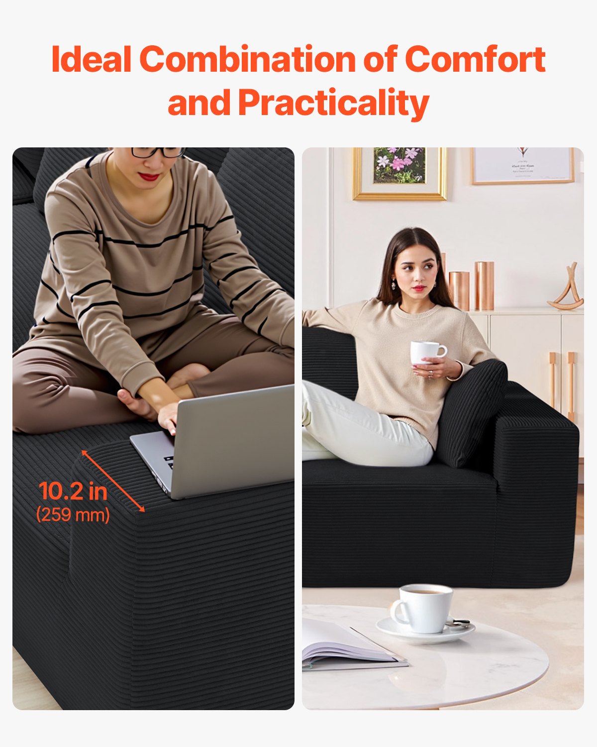 VEVOR Modular Sofa L-shaped Corner Sofa Bed with High-Resilience Foam & High Density, Upholstered Corduroy Sofa (545 kg Load Capacity / 265 cm Long) with Cushions for Living Room Apartment Black