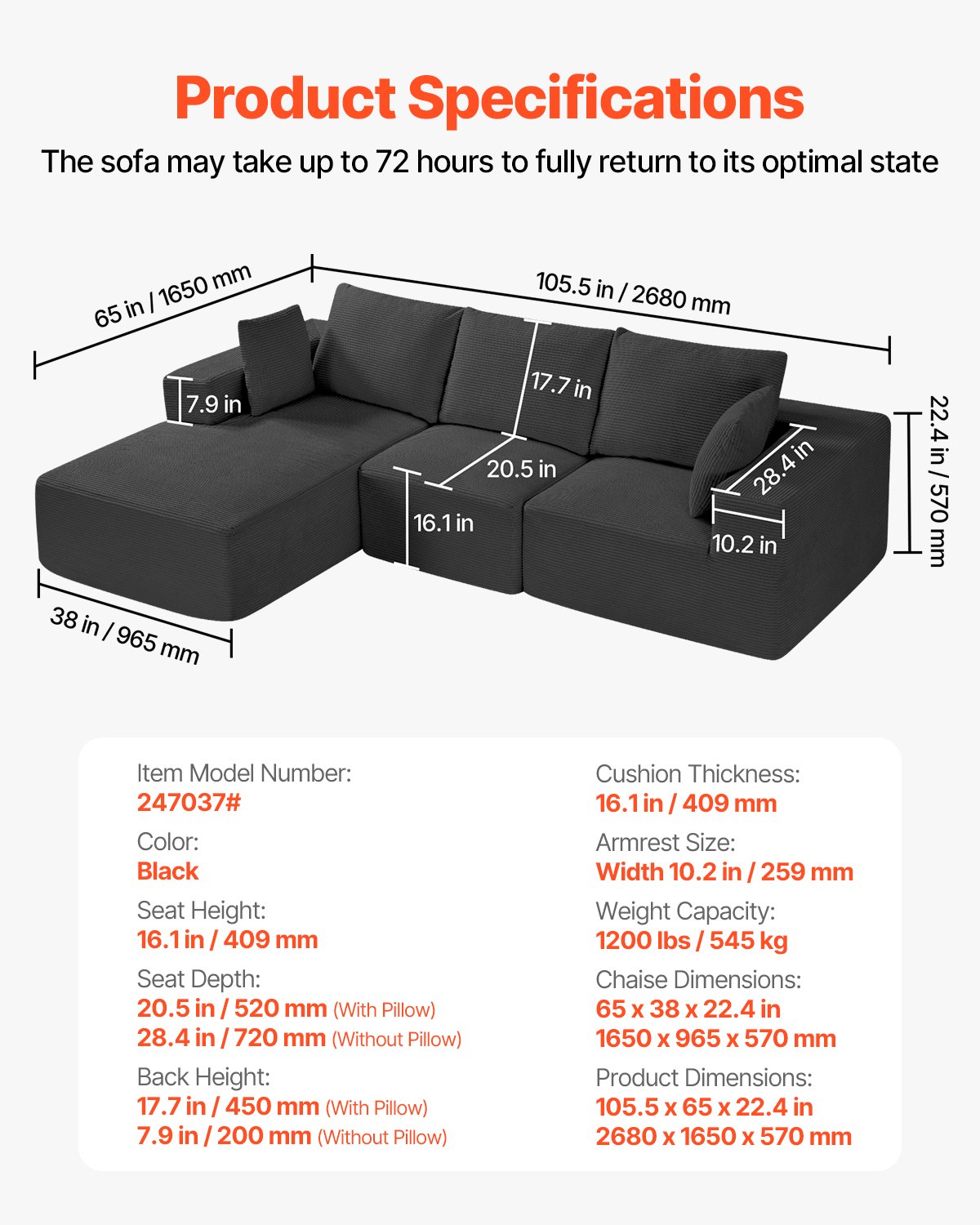 VEVOR Modular Sofa L-shaped Corner Sofa Bed with High-Resilience Foam & High Density, Upholstered Corduroy Sofa (545 kg Load Capacity / 265 cm Long) with Cushions for Living Room Apartment Black