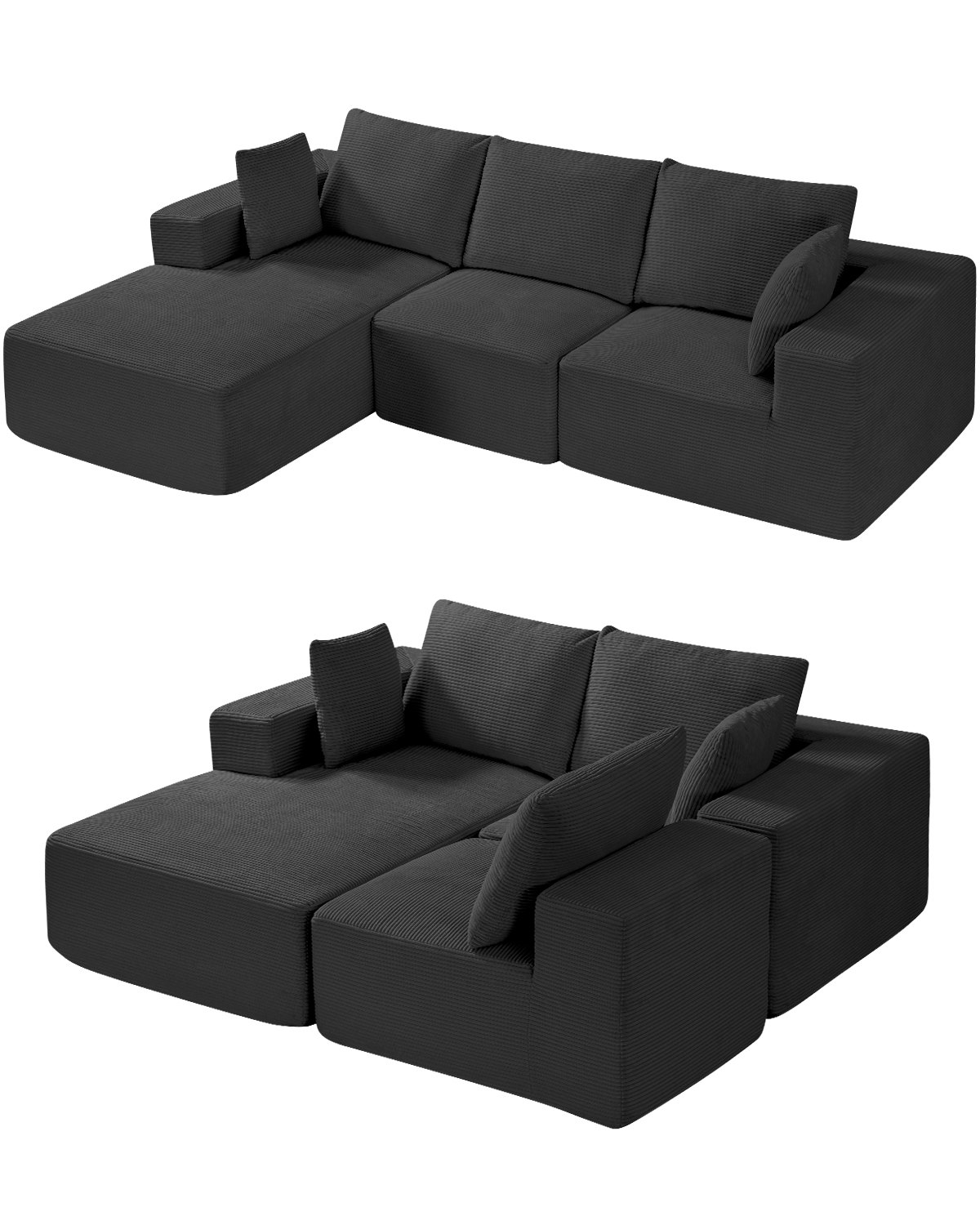 VEVOR Modular Sofa L-shaped Corner Sofa Bed with High-Resilience Foam & High Density, Upholstered Corduroy Sofa (545 kg Load Capacity / 265 cm Long) with Cushions for Living Room Apartment Black
