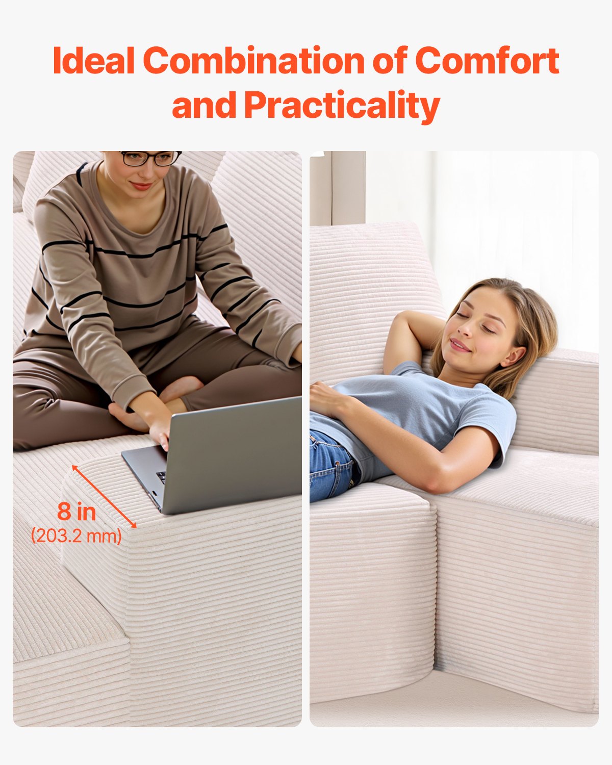 VEVOR Modular Sofa U-shaped Corner Sofa Bed with High-Resilience Foam & High Density, Upholstered Corduroy Sofa (545 kg Load Capacity) with Cushions for Living Room Apartment Beige