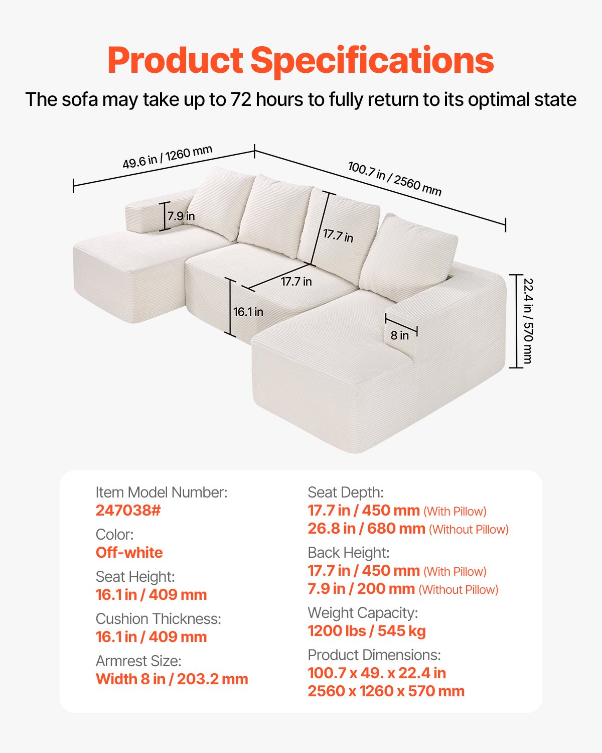 VEVOR Modular Sofa U-shaped Corner Sofa Bed with High-Resilience Foam & High Density, Upholstered Corduroy Sofa (545 kg Load Capacity) with Cushions for Living Room Apartment Beige