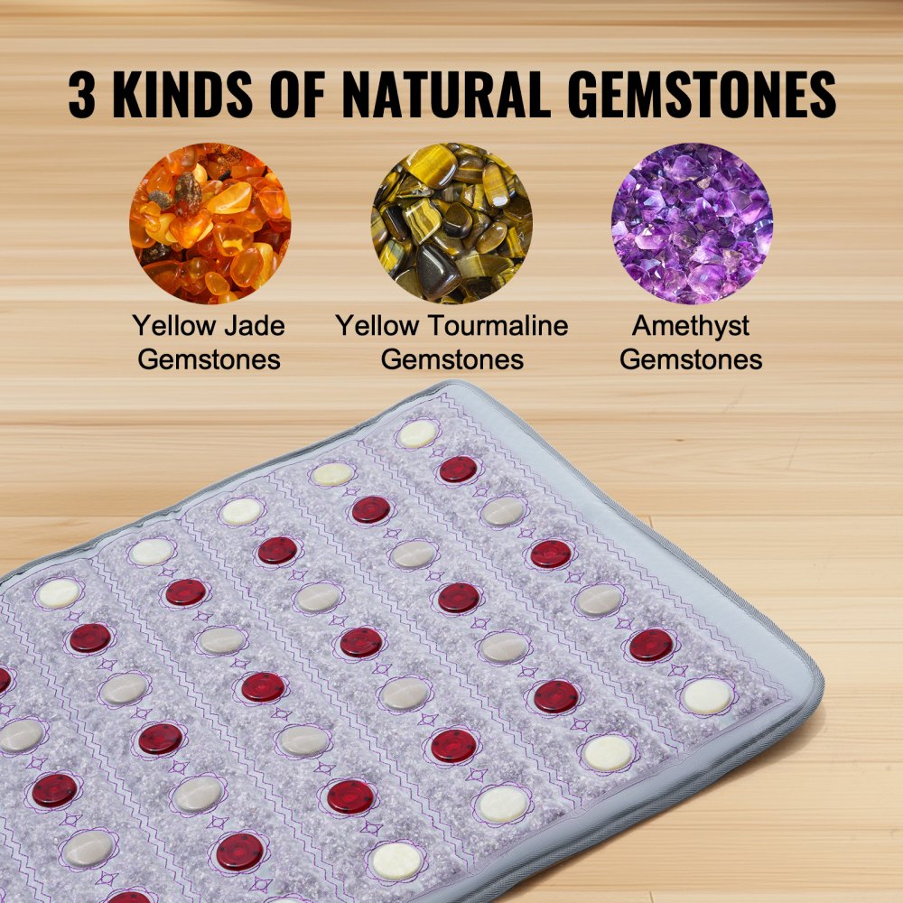 VEVOR Ferninfrarot Wärmegürtel, Heizkissen aus Jade- und Turmalinsteinen mit 660 nm Photonenlicht & negativen Ionen, Edelstein-Therapiematte mit 0–720 Min. Timer zur Linderung von Rückenschmerzen