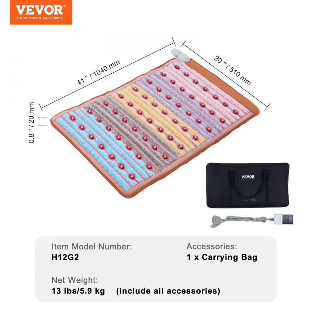 VEVOR Far Infrared Heat Pad, 104x51cm, Amethyst Therapy Mat made of 5 natural crystal gemstones with 660 nm photon light, negative ions, for pain relief in back, waist and shoulders