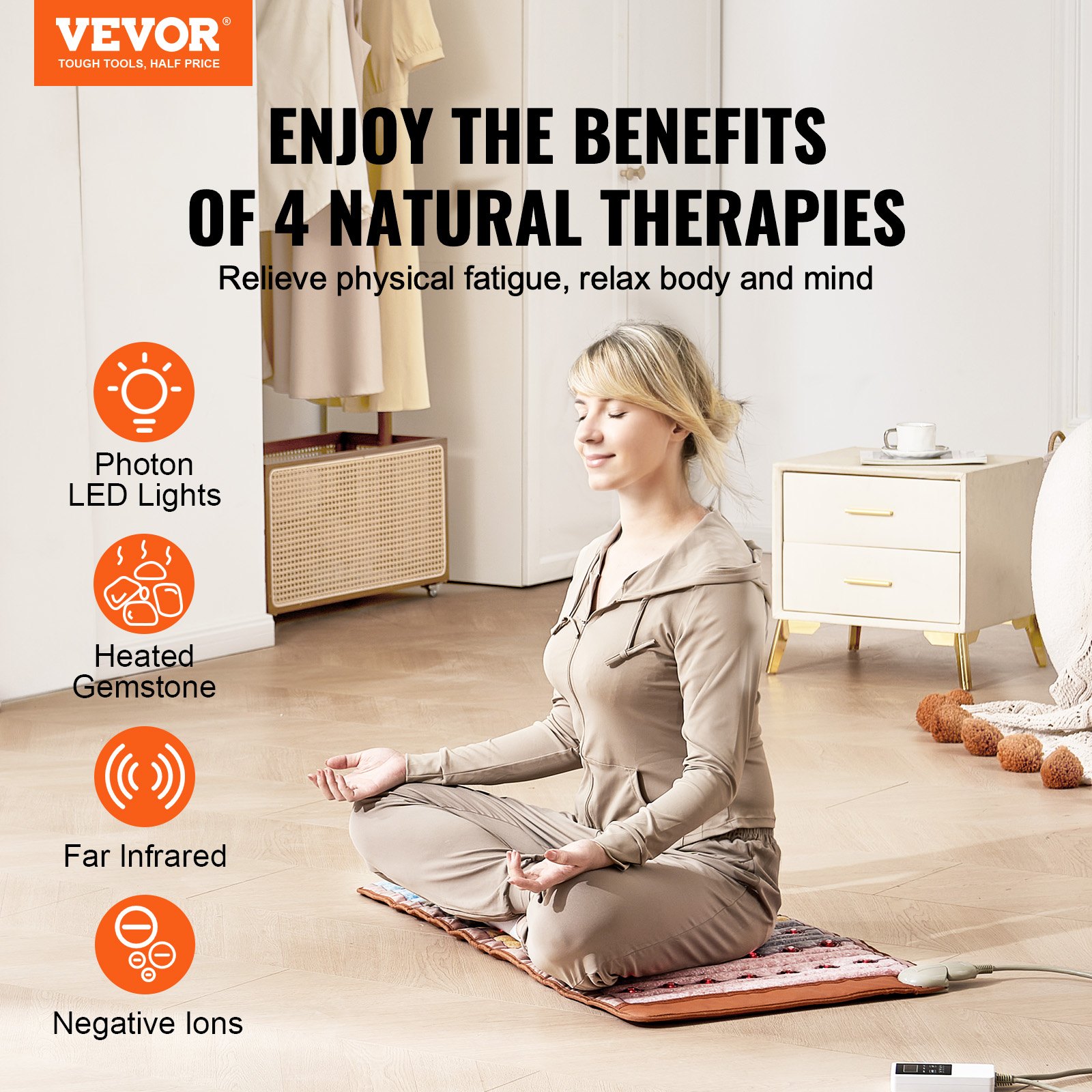 VEVOR Far Infrared Heat Pad, 104x51cm, Amethyst Therapy Mat made of 5 natural crystal gemstones with 660 nm photon light, negative ions, for pain relief in back, waist and shoulders