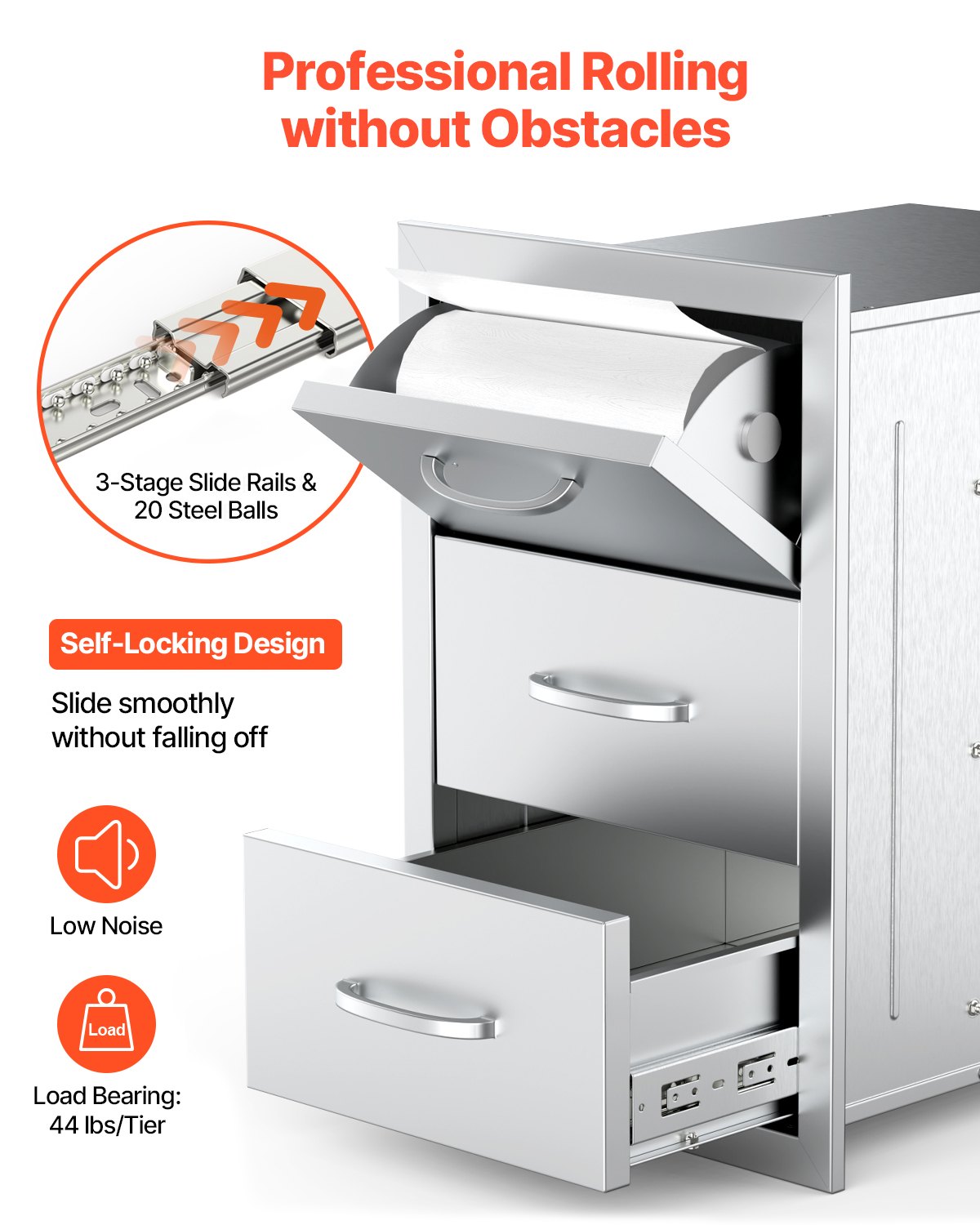 VEVOR Outdoor Kitchen Drawers Cabinet with Triple Access, Stainless Steel, Drawer Storage for Grill Island with Paper Towel Holder & Handle, for Grill Station