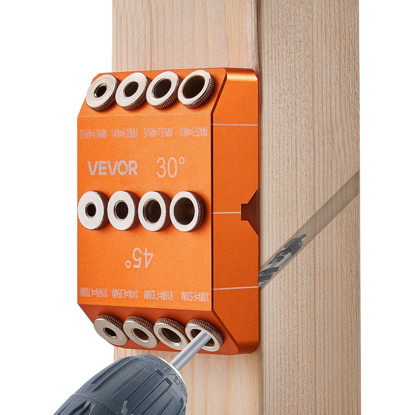 VEVOR Bohrführung 30°/45°/90° Winkelbohrloch-Führungslehre Bohrschablone (4 Größen), zum Bohren von abgewinkelten oder horizontalen Löchern, für Deckkabelgeländer Treppenhandläufe