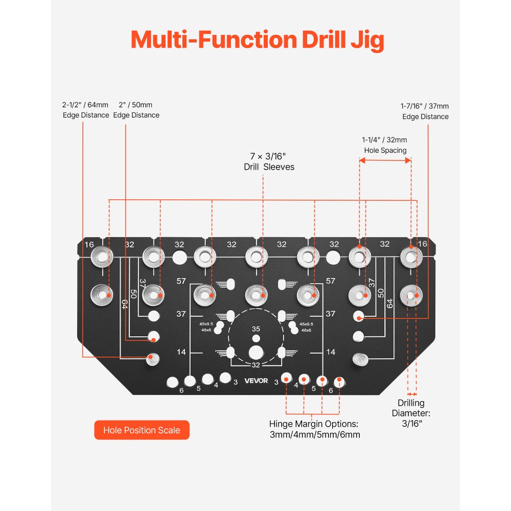 VEVOR Regalstiftlehre und Scharnierlehre Bohrschablone für Schrankbeschläge aus Aluminiumlegierung mit 6,4- und 4,8-mm-Bohrern, Bohrschablone für Schranktüren Bücherregale Kleiderschränke