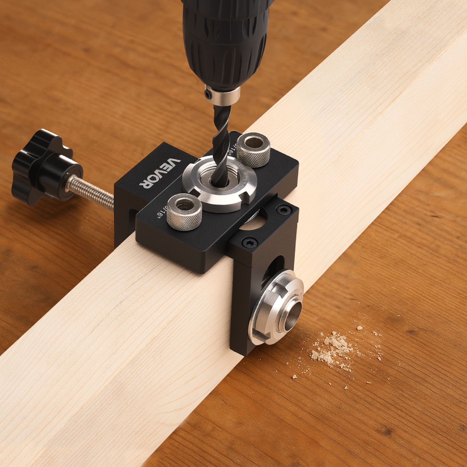 VEVOR Dübellehren-Set selbstzentrierende Dübelbohrlehre für gerade Löcher, Holzverbindungswerkzeug mit 3 Bohrergrößen 6,4/7,9/15 mm, Bohrschablone mit einstellbarer Breite für Holzbearbeitung