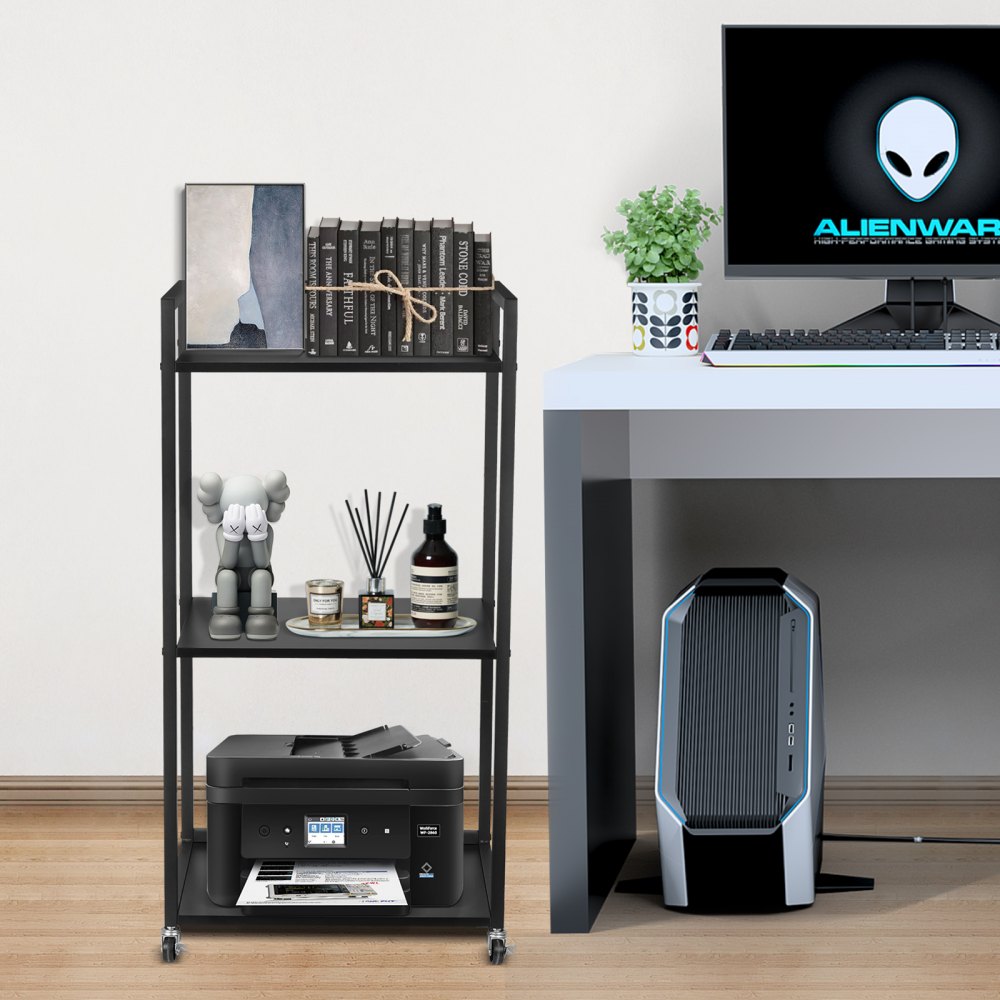 VEVOR Druckertisch Druckerständer 3-stöckiger Druckerwagen mit Rollen, Rollbarer Aktenvernichterständer, 52 x 40 x 102 cm, für Büro, Fax, Kopierer, Scanner, Zuhause, Organizer Lagerregal Schwarz