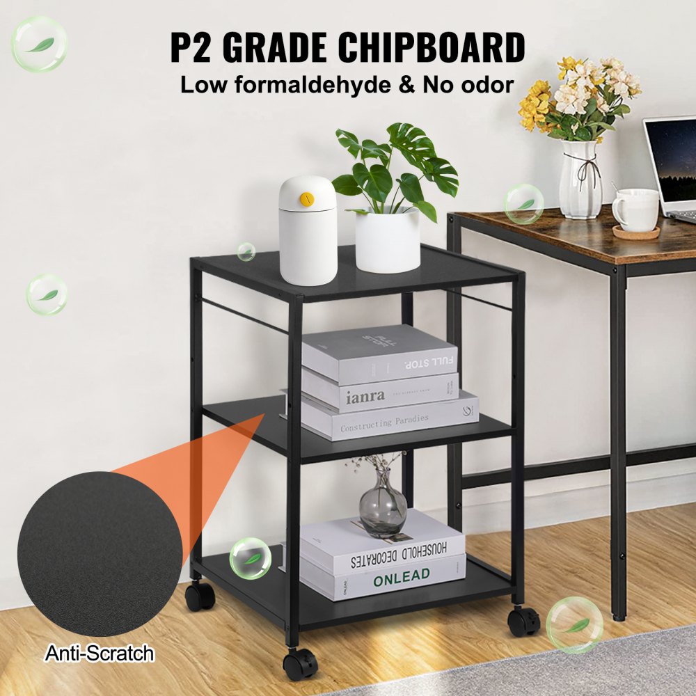VEVOR Druckerständer, 3-stufiger rollender Druckerwagen mit Haken und Ablageflächen
