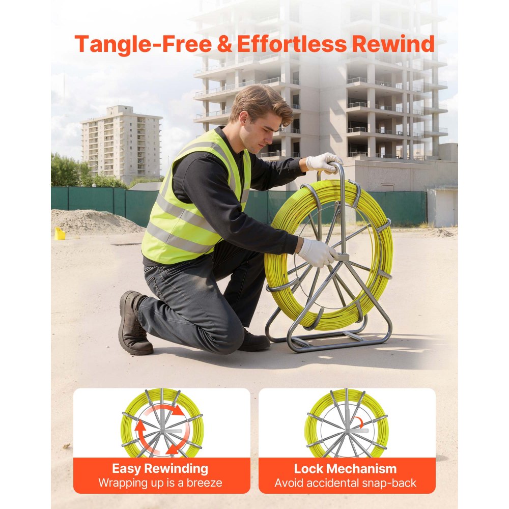 VEVOR Fish Tape Fiberglass, 100M 6.3MM, Duct Rodder Fishtape Wire Puller with Stand, Cable Running Rod with Locking Mechanism, Fishing Tools, for Walls Floor and Electrical Conduit, Non-Conductive