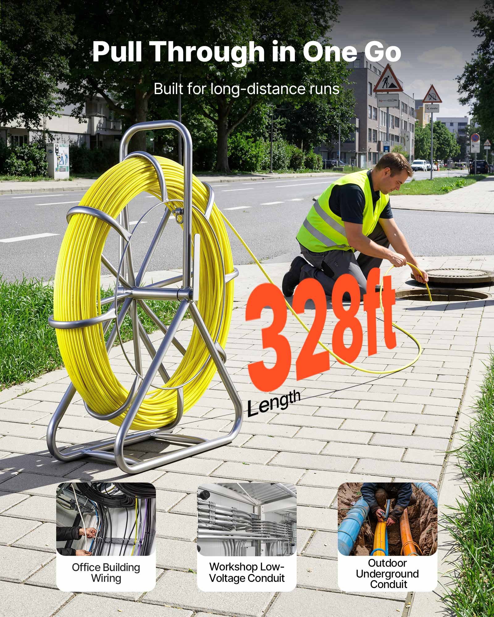 VEVOR Fish Tape Fiberglass, 100M 6.3MM, Duct Rodder Fishtape Wire Puller with Stand, Cable Running Rod with Locking Mechanism, Fishing Tools, for Walls Floor and Electrical Conduit, Non-Conductive