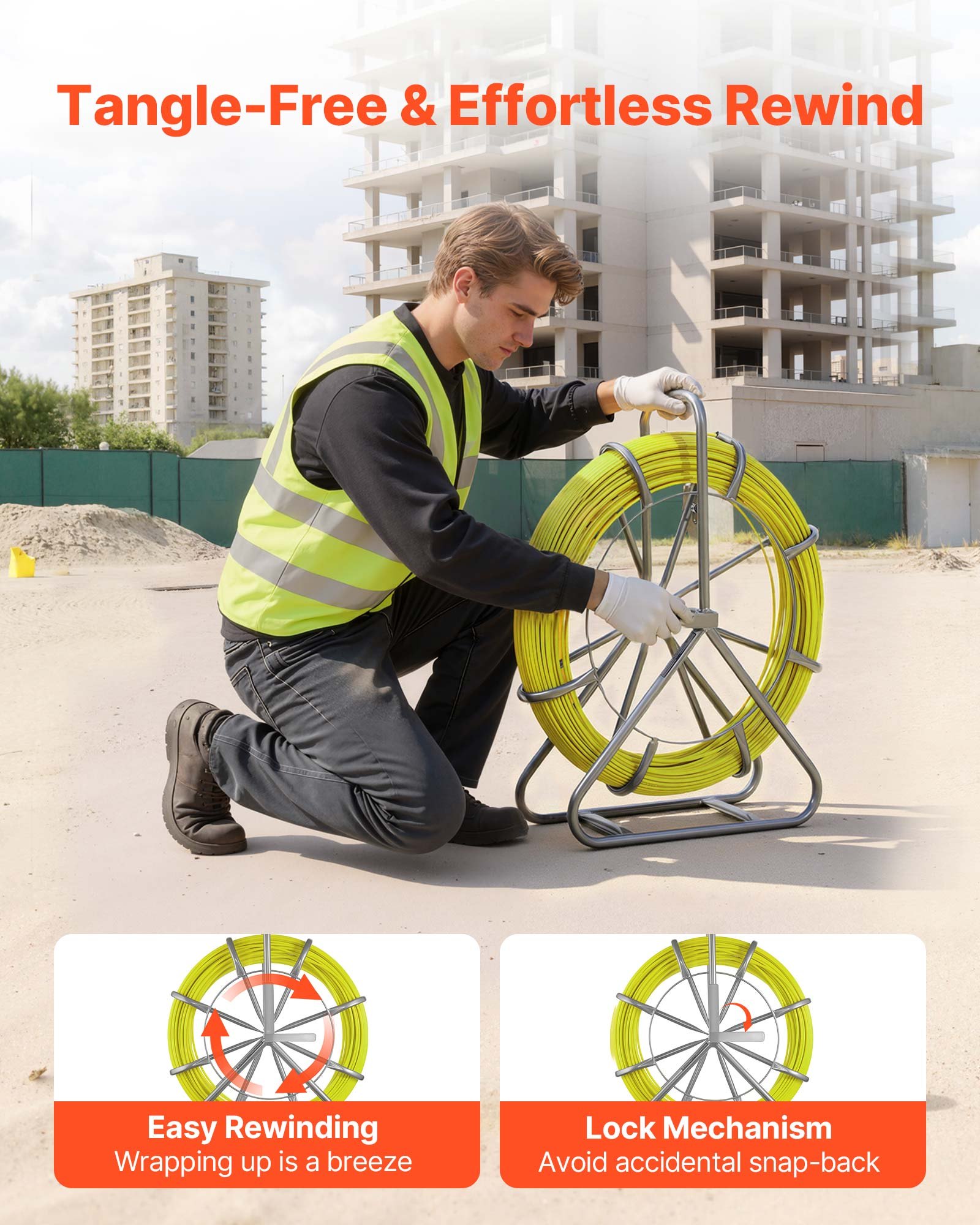 VEVOR Fish Tape Fiberglass, 100M 6.3MM, Duct Rodder Fishtape Wire Puller with Stand, Cable Running Rod with Locking Mechanism, Fishing Tools, for Walls Floor and Electrical Conduit, Non-Conductive