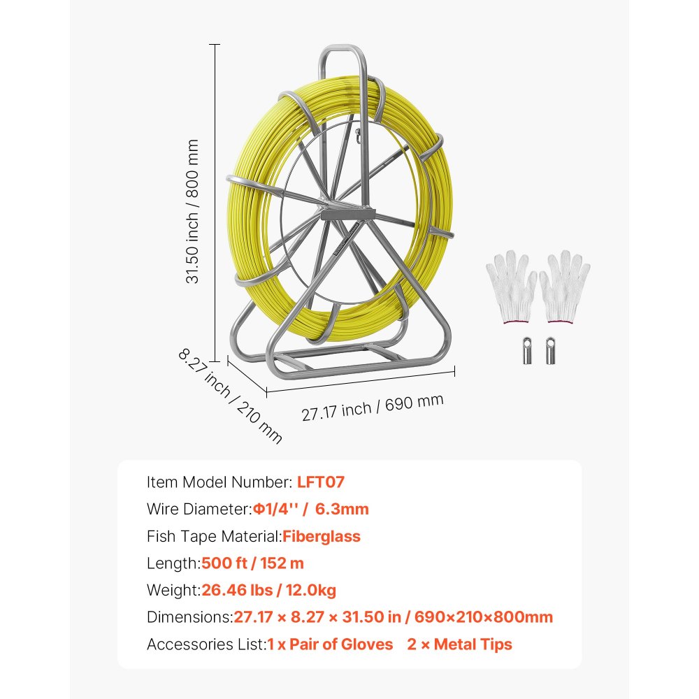 VEVOR Fiberglas Kabel Rad 152 m Ø6,3mm Glasfaserstab, Fischband mit Ständer, Kabeleinziehhilfe mit Markierungen, Kabeleinfädler, Kabelzieher für Wände & Elektroinstallationsrohre, Nichtleitend