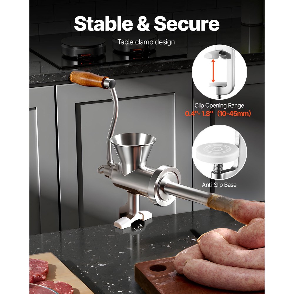 VEVOR Manual Meat Grinder, 304 Stainless Steel Hand Crank Meat Mincer with Steel Table Clamp, Sausage Stuffer with 2 Cutting Plates & 4 Sausage Tubes, Food Grinder for Beef Chili Pork Kitchen Tabletop