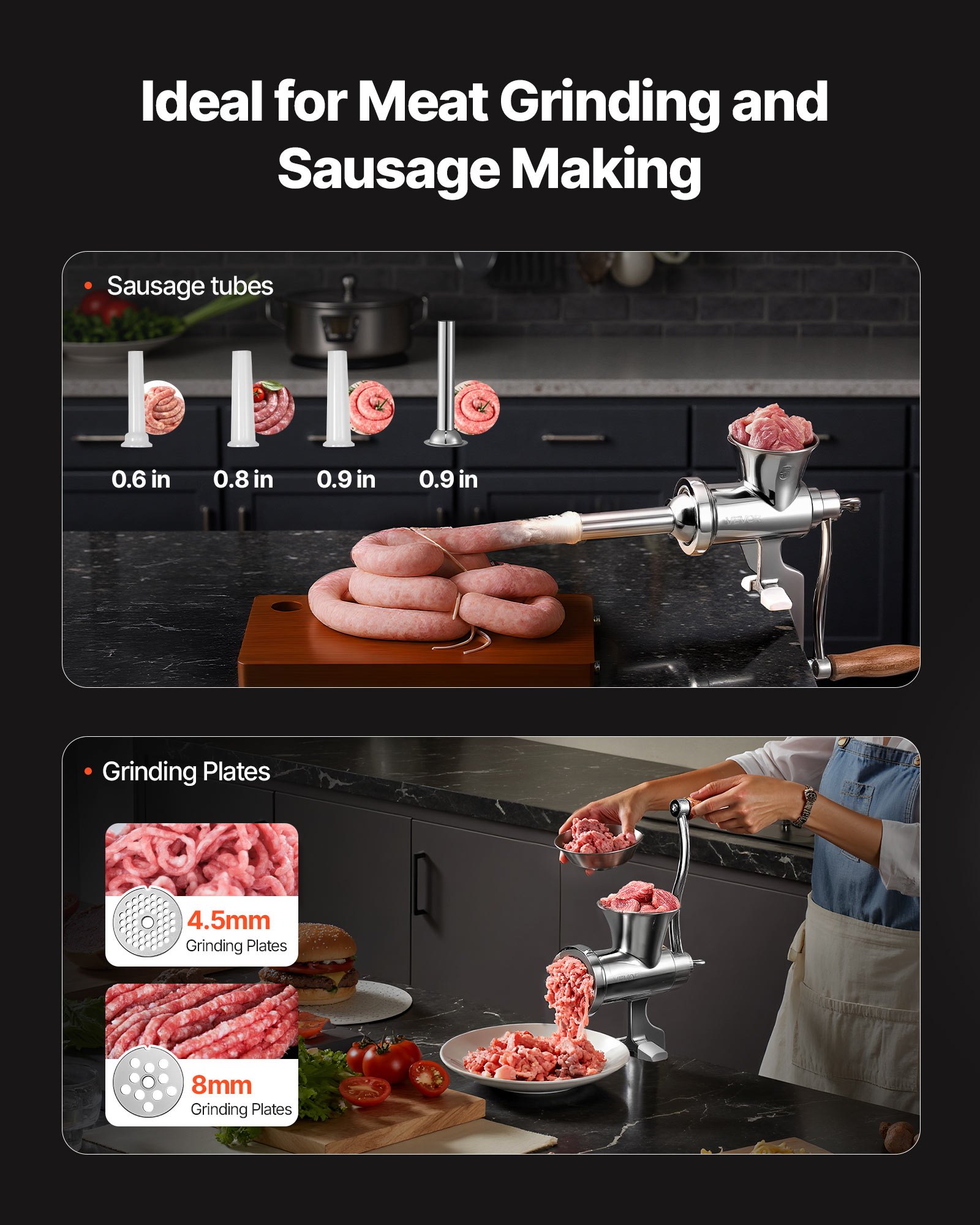 VEVOR Manual Meat Grinder, 304 Stainless Steel Hand Crank Meat Mincer with Steel Table Clamp, Sausage Stuffer with 2 Cutting Plates & 4 Sausage Tubes, Food Grinder for Beef Chili Pork Kitchen Tabletop