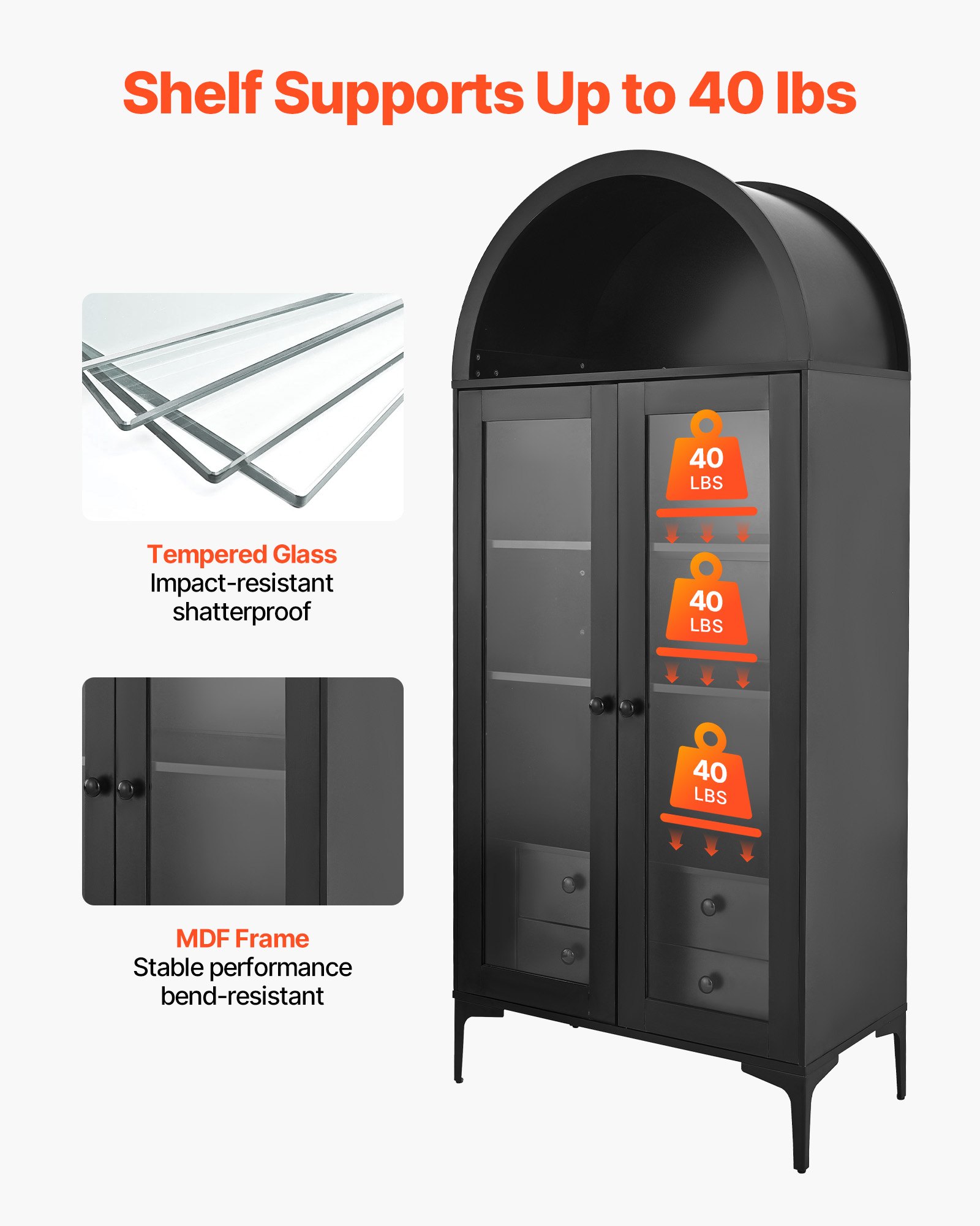 VEVOR gewölbte Vitrine mit Glastüren, Sammlervitrine Vitrinenschrank vierstöckig, Vitrine (179 cm hoch) mit 2 verstellbaren Regalen, Aufbewahrung für Schlafzimmer Wohnzimmer Büro