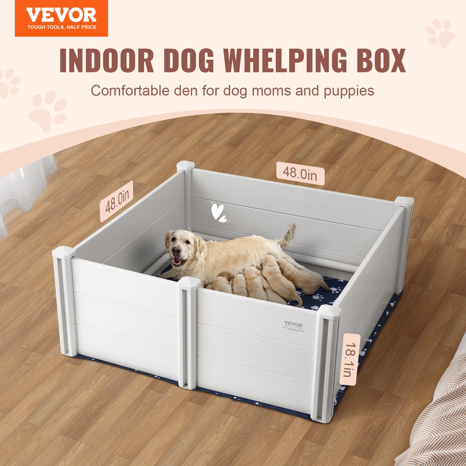 VEVOR Wurfkiste für Hunde, 48 x 48 x 18,1 Zoll Wurfkiste für Hunde und Welpen, Wurfgehege für Welpen, Hundegeburtskiste mit Schienen und waschbarer Pipi-Unterlage, Wurfkiste für große Hunderassen, weiß