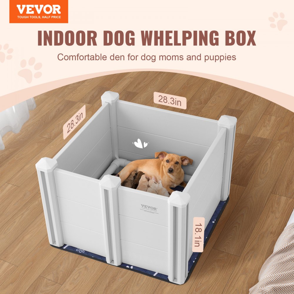 VEVOR Wurfkiste für Hunde, 28,3 x 28,3 x 18,1 Zoll Wurfkiste für Hunde und Welpen, Wurfgehege für Welpen, Hundegeburtskiste mit Schienen und waschbarer Pipi-Unterlage, Wurfkiste für kleine Hunderassen, weiß