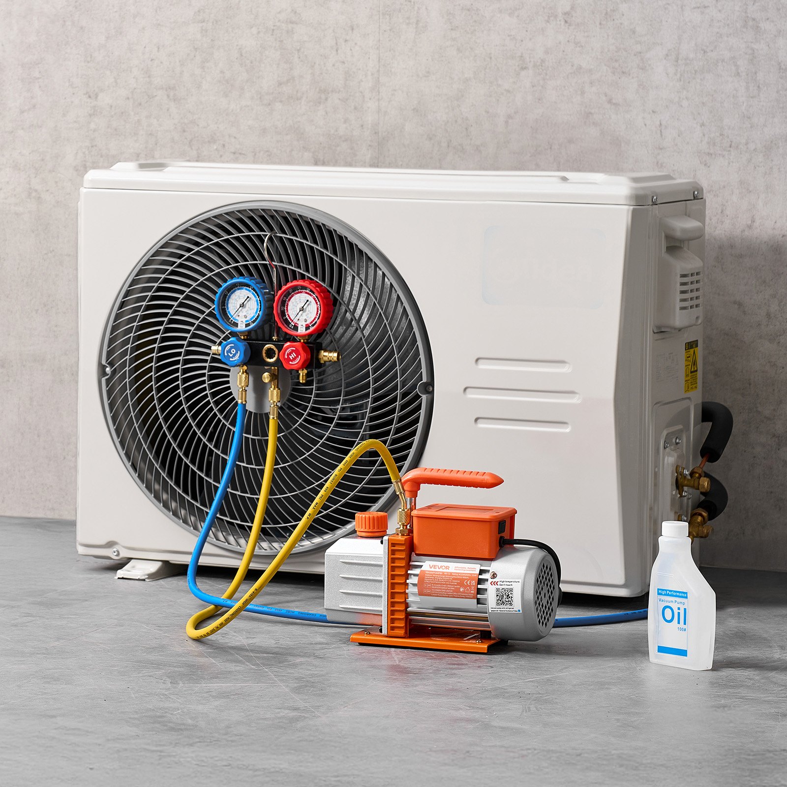 VEVOR Vakuumpumpe mit Manometer, 4,5 CFM 127 L/min, 250 W 1-stufige Drehschieber-Unterdruckpumpe, Manometer-Set, für R134a, R22, R410a, R1234YF & R32, mit Tragetasche, für Kfz-Klimaanlagen