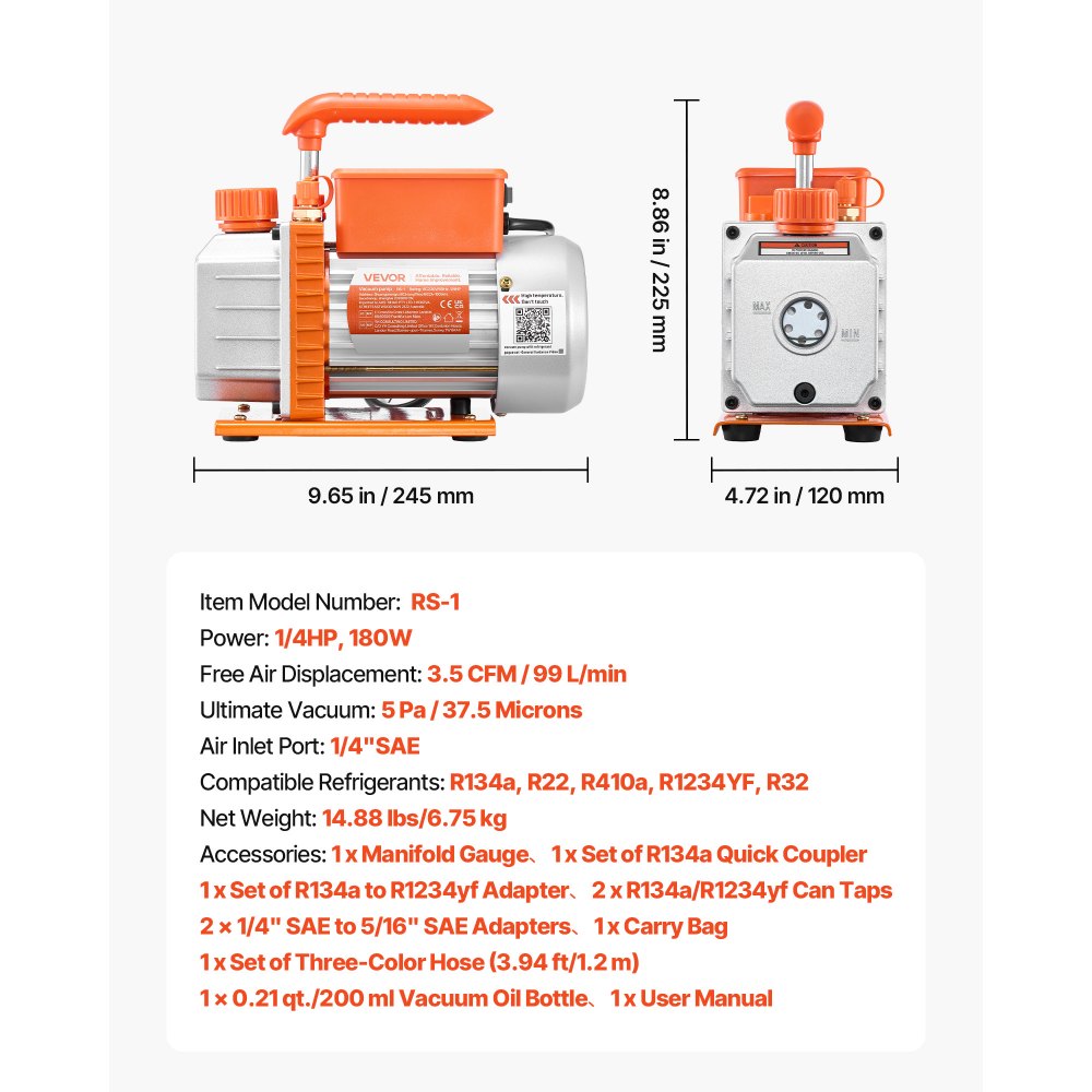 VEVOR Vakuumpumpe mit Manometer, 3,5 CFM 99 L/min, 180 W 1-stufige Drehschieber-Unterdruckpumpe, Vacuum Pump Kit für R134a, R22, R410a, R1234YF & R32, mit Tragetasche für Kfz-Klimaanlagen