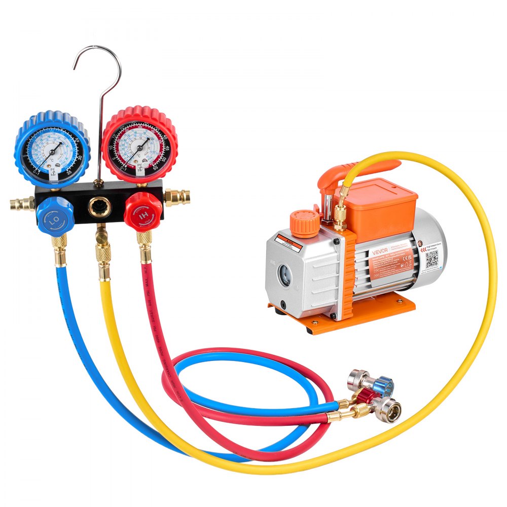 VEVOR Vakuumpumpe mit Manometer, 3,5 CFM 99 L/min, 180 W 1-stufige Drehschieber-Unterdruckpumpe, Vacuum Pump Kit für R134a, R22, R410a, R1234YF & R32, mit Tragetasche für Kfz-Klimaanlagen