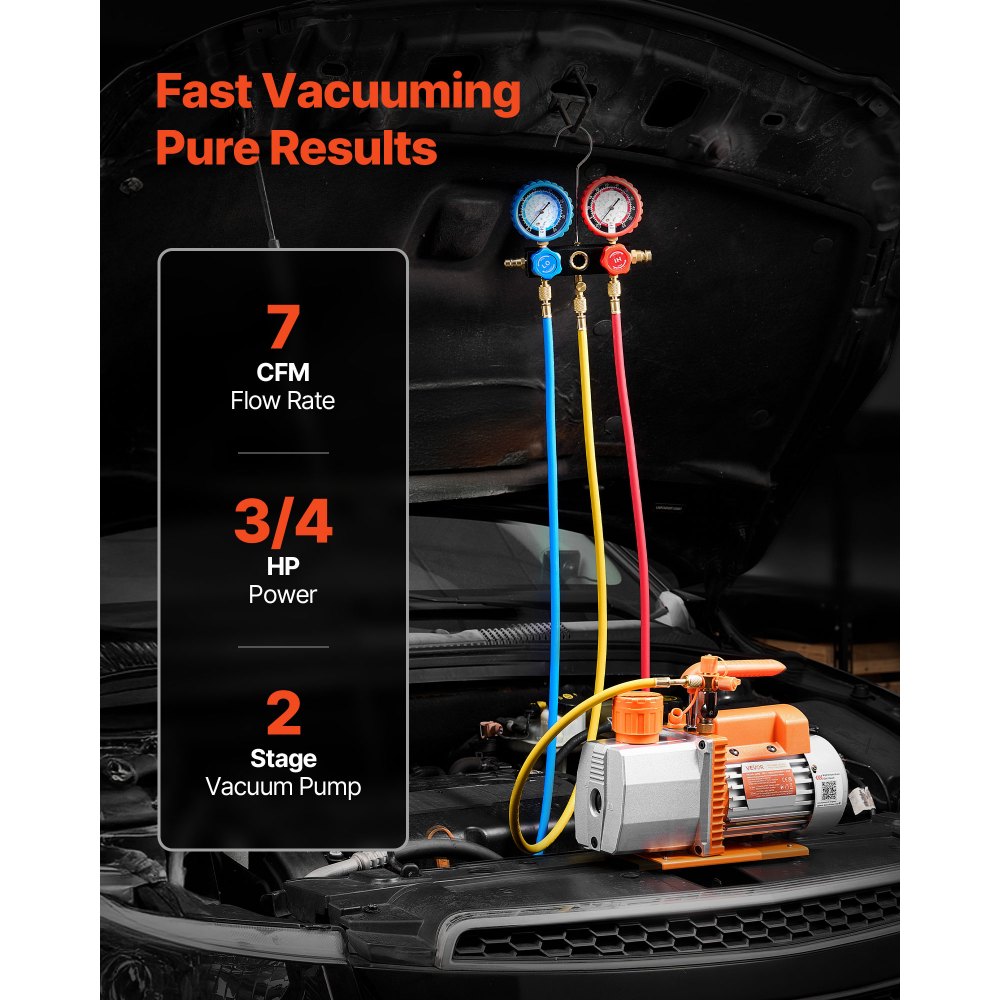 VEVOR Vakuumpumpe mit Manometer, 7 CFM 198 L/min, 2-stufige Drehschieber-Unterdruckpumpe, 550 W Vacuum Pump Kit für R134a, R22 & R410a, mit Lecksucher-Tragetasche, für Kfz-Klimaanlagen