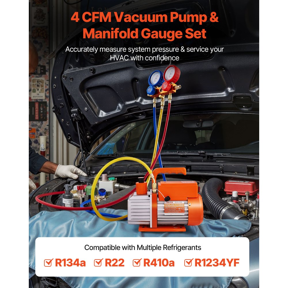 VEVOR 113 L/min Vakuumpumpe, einstufig, Drehschieber-HVAC-Luftvakuumpumpe, A/C-Kältemittelverteiler-Manometer-Kit, mit Tragetasche, für Kältemittel R134a R22 R410a R1234YF