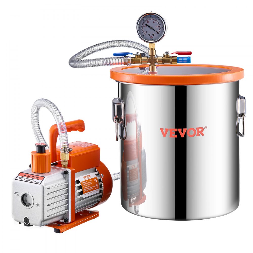 VEVOR 18,93 L Vakuumkammer & 3,5 CFM Pumpe, Edelstahlkammer, einstufiges Vakuumpumpen-Entgasungskammerset, mit Acryldeckel, Öl, 1,5 m Schlauch, Vacuum Pump Kit zum Entgasen von Harz-Silikon-Epoxiden