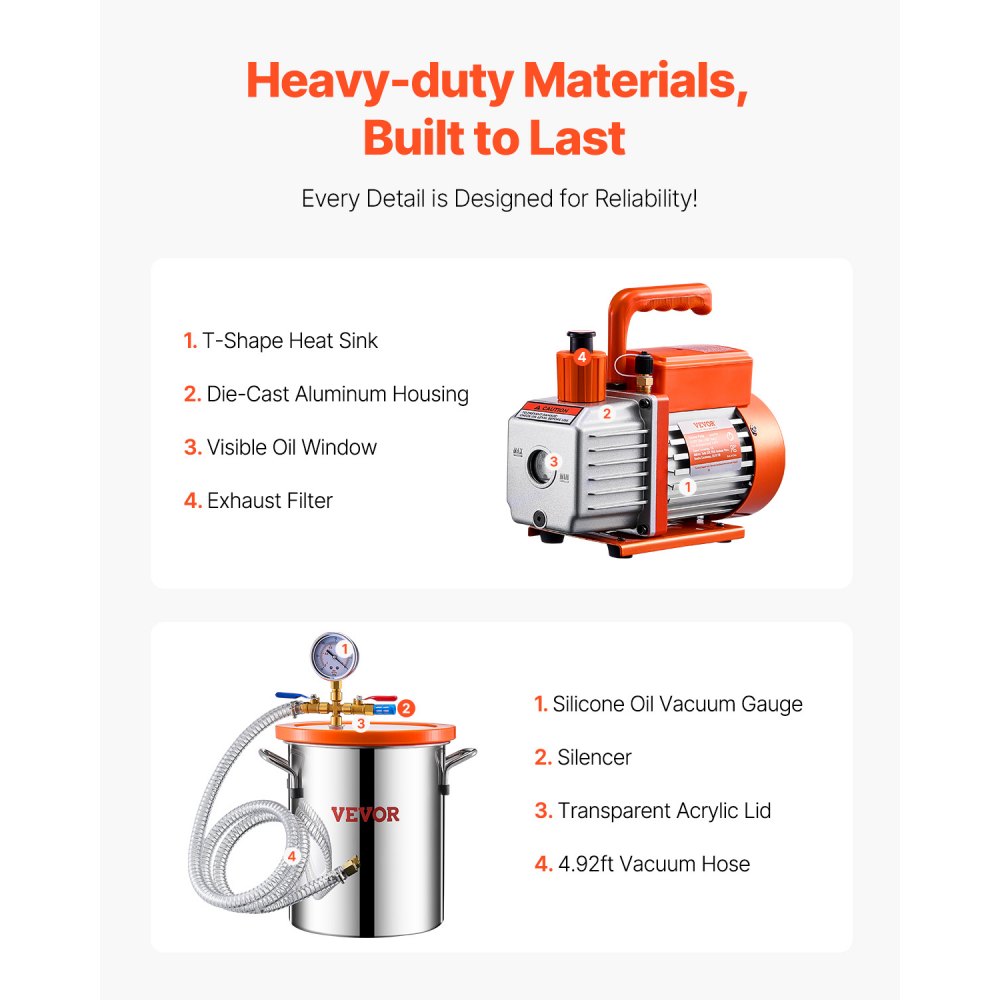 VEVOR 11,36L Vakuumkammer & 3,5 CFM Pumpe, Edelstahlkammer, einstufiges Vakuumpumpen-Entgasungskammerset, mit Acryldeckel, Öl, 1,5 m Schlauch, Vacuum Pump Kit zum Entgasen von Harz-Silikon-Epoxiden