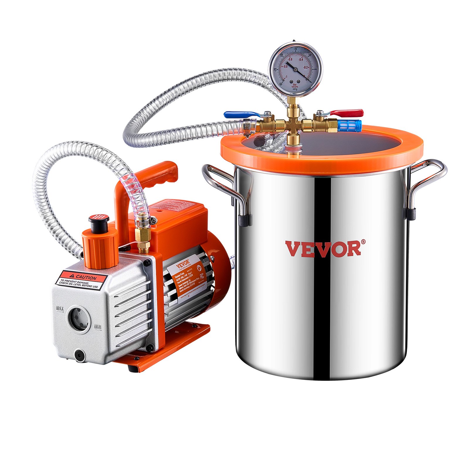 VEVOR 11,36L Vakuumkammer & 3,5 CFM Pumpe, Edelstahlkammer, einstufiges Vakuumpumpen-Entgasungskammerset, mit Acryldeckel, Öl, 1,5 m Schlauch, Vacuum Pump Kit zum Entgasen von Harz-Silikon-Epoxiden