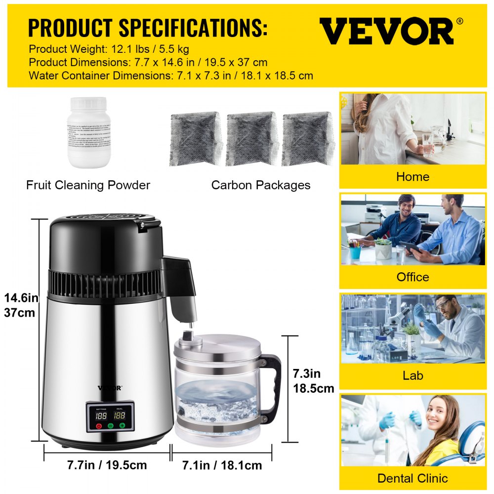 Vevor Wasserdestilliergerät Trinkwasser Destilator Wasser 1l/h 4l Dual Temp.