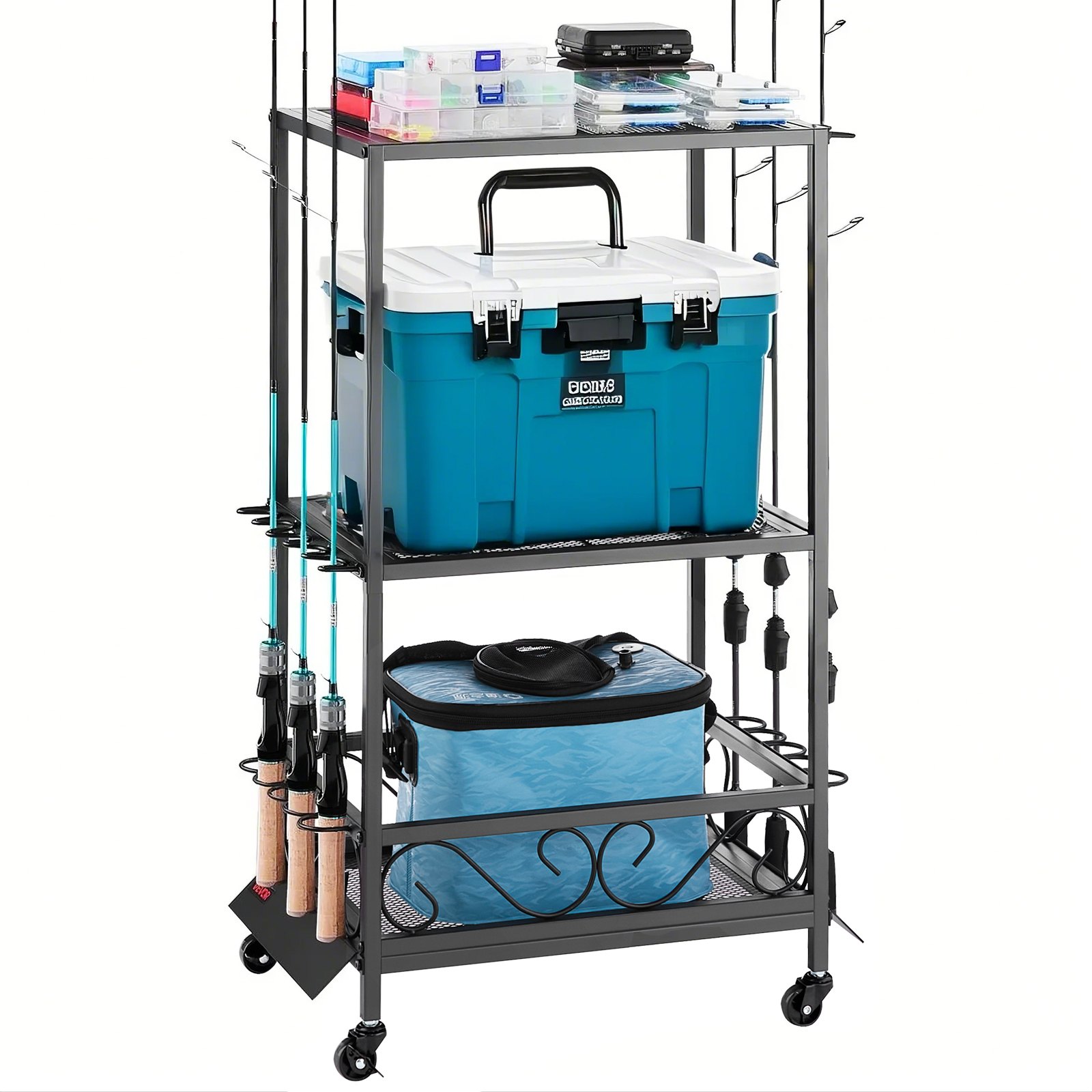 VEVOR Fishing Rod Holder for 10 Fishing Rods, Rolling Rod Stand Made of Alloy Steel for Organization and Storage, Space-Saving Floor Stand for Fishing Equipment, Gifts for Fishing Enthusiasts