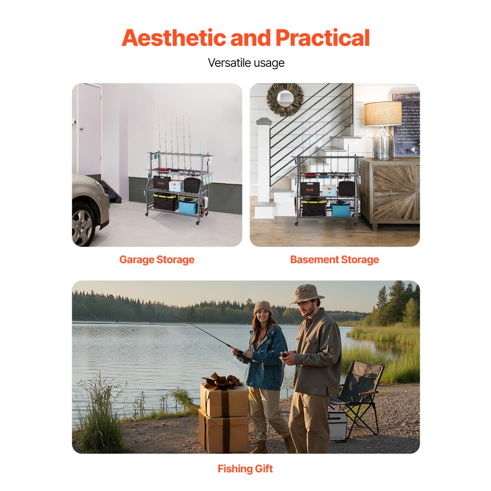 VEVOR Angelrutenhalter für 15 Angelruten, rollbarer Rutenständer aus legierter Stahl für die Organisation und Lagerung, platzsparende Bodenständer Angelausrüstung, Geschenke für Angelfreunde