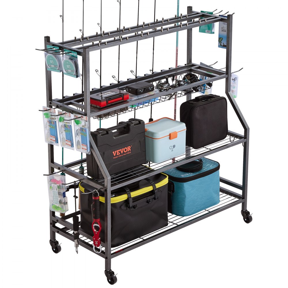 VEVOR Angelrutenhalter für 15 Angelruten, rollbarer Rutenständer aus legierter Stahl für die Organisation und Lagerung, platzsparende Bodenständer Angelausrüstung, Geschenke für Angelfreunde