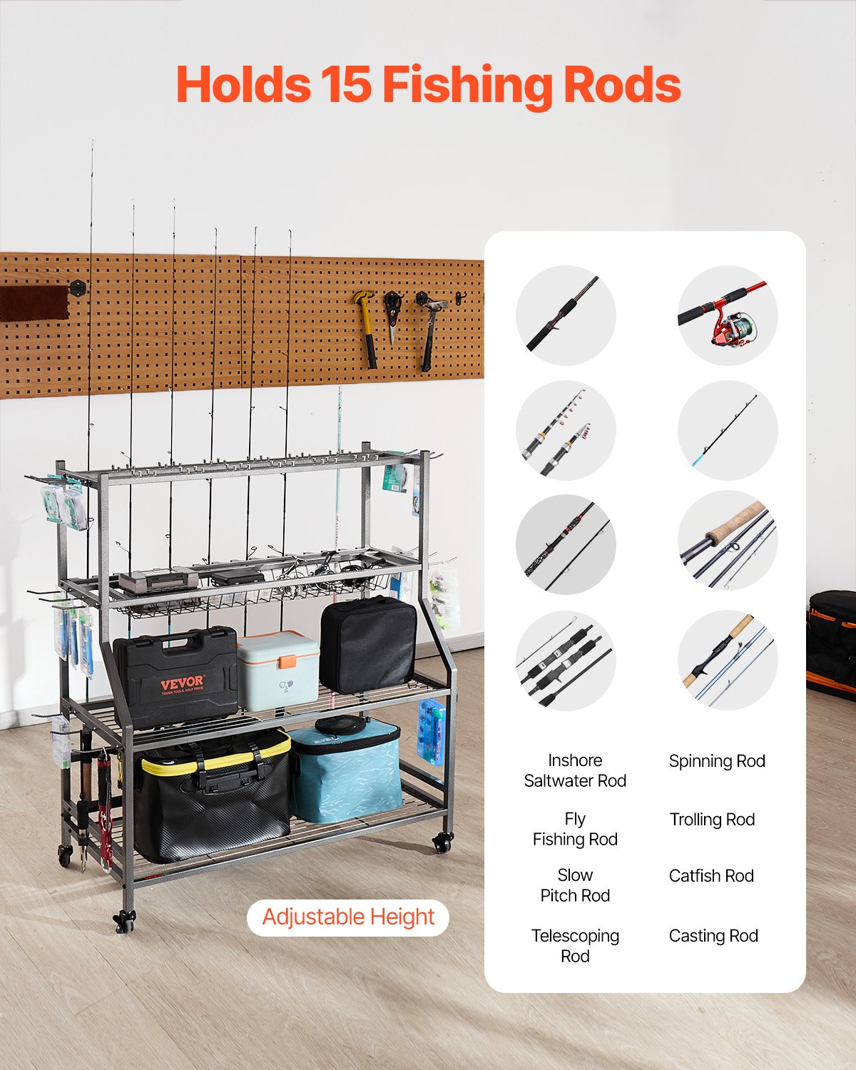 VEVOR Angelrutenhalter für 15 Angelruten, rollbarer Rutenständer aus legierter Stahl für die Organisation und Lagerung, platzsparende Bodenständer Angelausrüstung, Geschenke für Angelfreunde