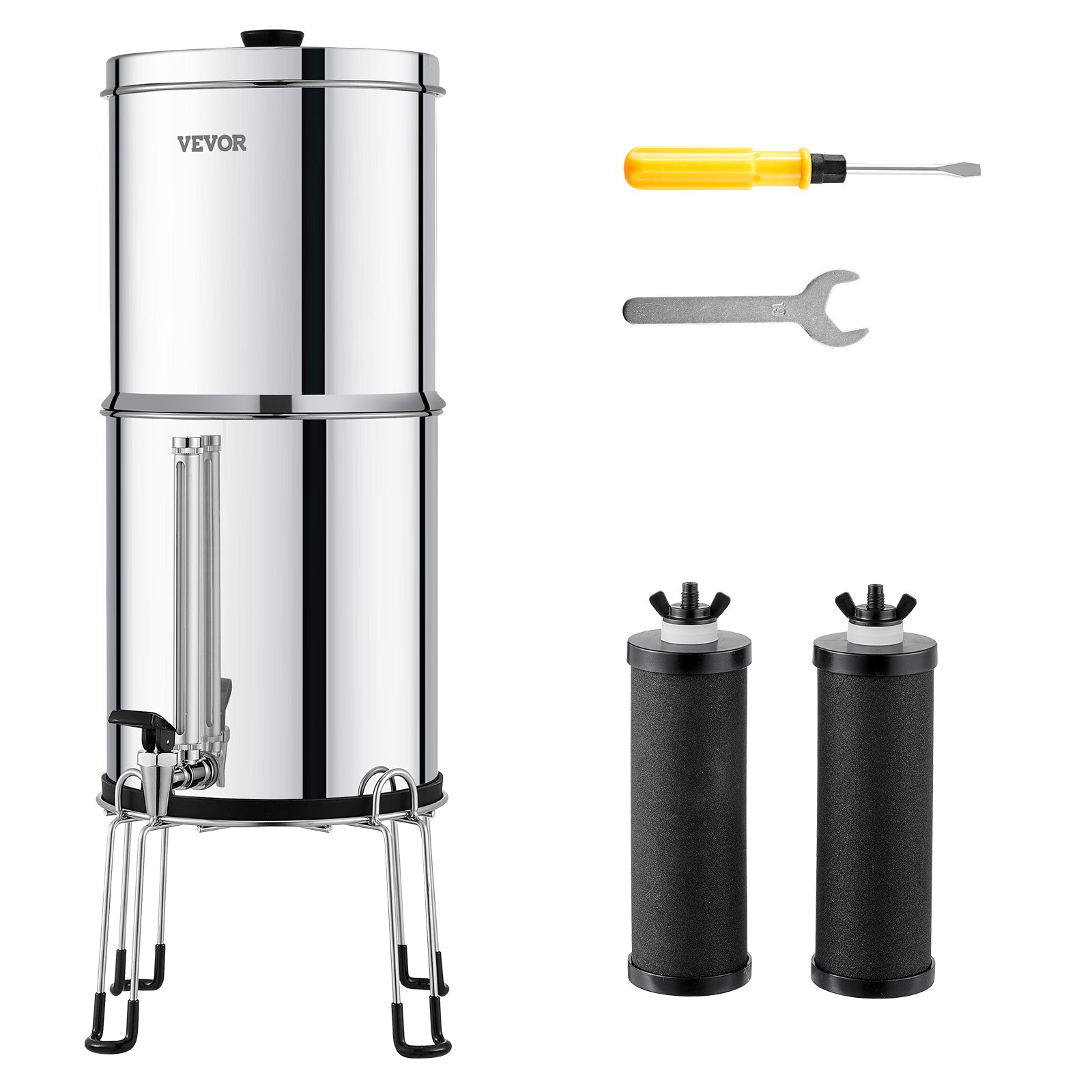 VEVOR Schwerkraft Wasserfiltersystem Edelstahl Arbeitsplattensystem 7+8,5L Wasserfiltrationssystem, reduziert Blei und bis zu 99 % Chlor, mit 2 Kohlefiltern, Wasserstandsanzeiger, Camping Wohnmobil