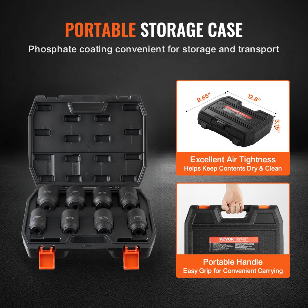 VEVOR Axle Nut Impact Socket Set, 12.7 mm Drive, Deep 12-Point Socket Set, 8-Piece, Metric, CR-MO Socket Set with Storage Case, Car Repair, Black