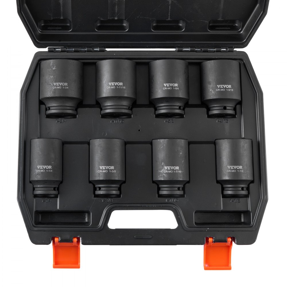 VEVOR Axle Nut Impact Socket Set, 12.7 mm Drive, Deep 12-Point Socket Set, 8-Piece, Metric, CR-MO Socket Set with Storage Case, Car Repair, Black
