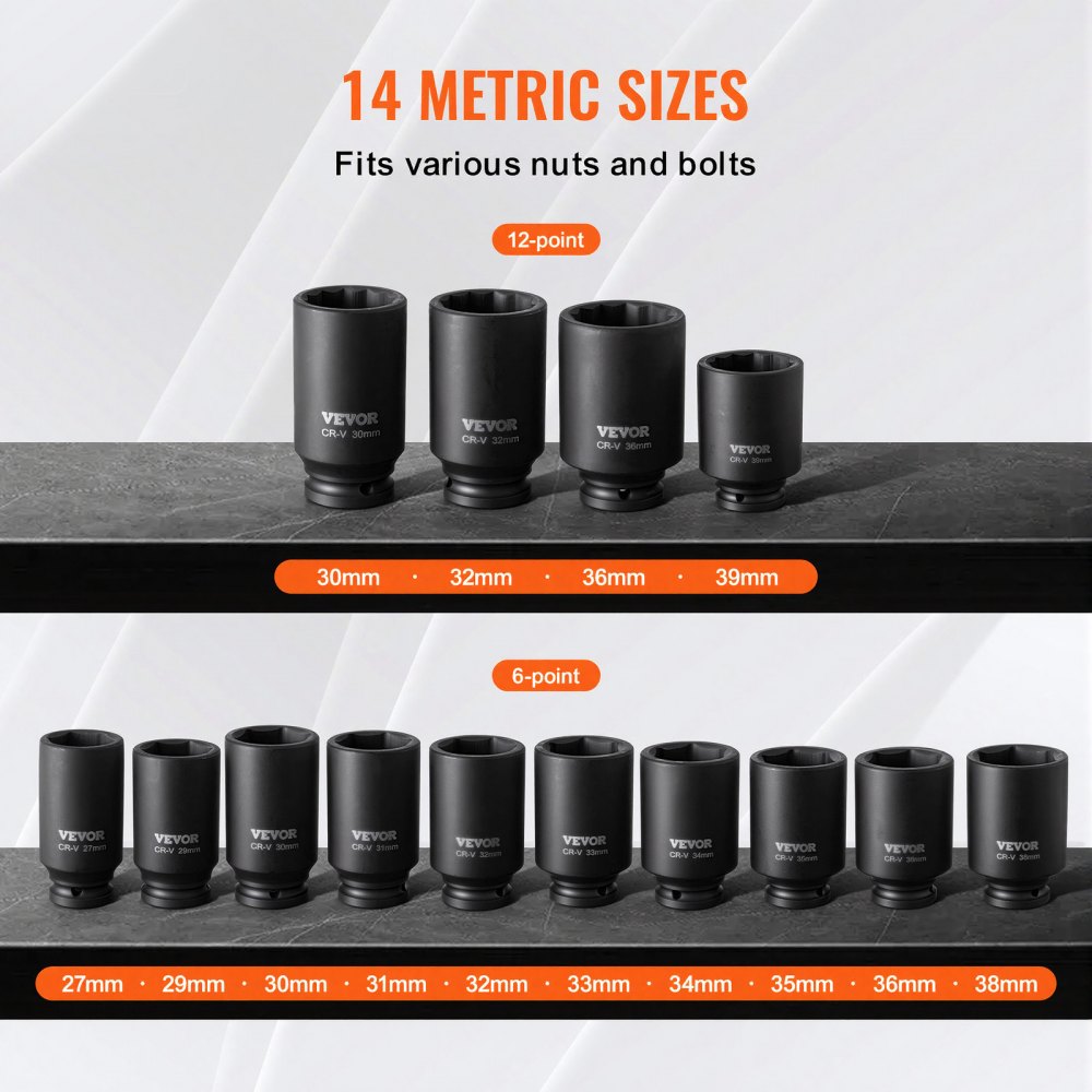 VEVOR Axle Nut Impact Socket Set 12.7 mm Drive, Deep 6 and 12 Point Socket Set, Metric, 14-Piece, CR-V Socket Set with Storage Case, Car Repair Black