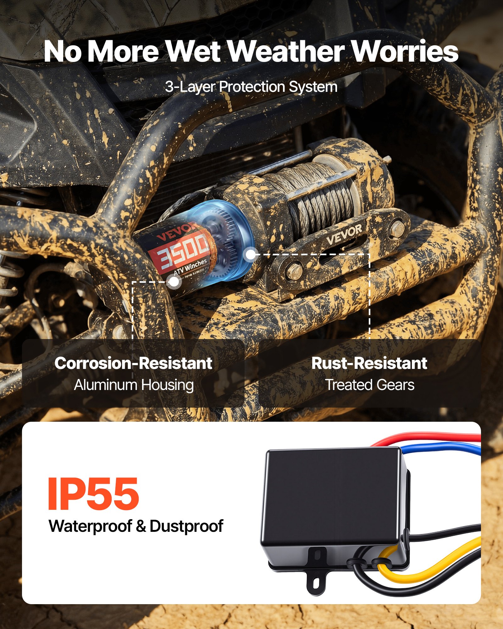 VEVOR Elektrische Seilwinde 1587 kg, 12 V DC Motorwinde mit 5,3 mm x 10 m Synthetikseil & Kabelgebundener Fernbedienung, IP55, Aluminiumgehäuse, Elektrowinde zum Abschleppen von ATVs, Schwarz