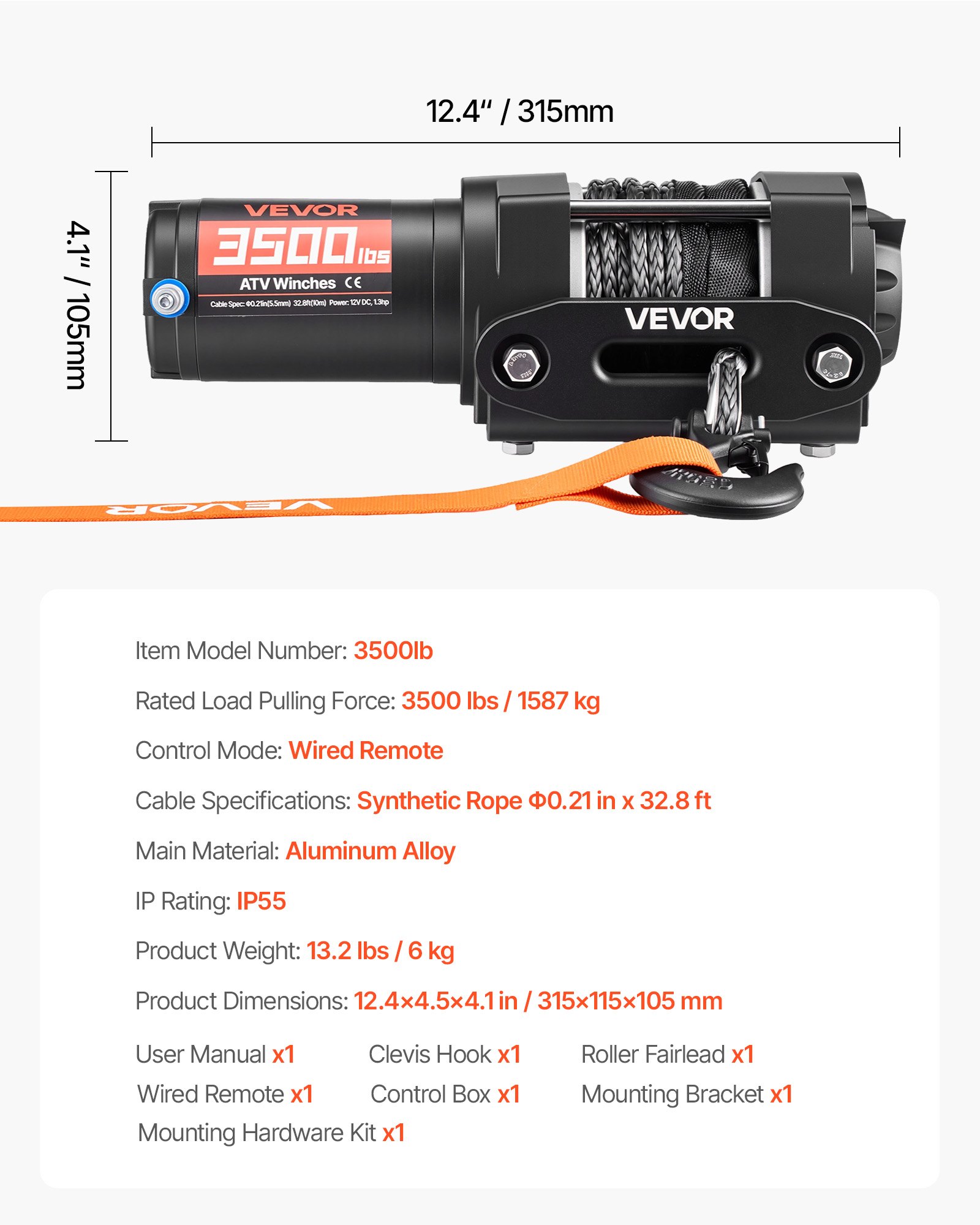 VEVOR Elektrische Seilwinde 1587 kg, 12 V DC Motorwinde mit 5,3 mm x 10 m Synthetikseil & Kabelgebundener Fernbedienung, IP55, Aluminiumgehäuse, Elektrowinde zum Abschleppen von ATVs, Schwarz